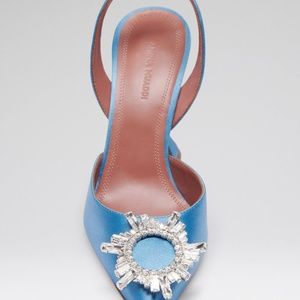 Amina Muaddi Begum baby blue satin slingback heels